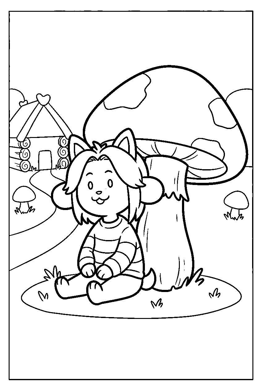 undertale temmie sitting beside a mushroom in temmie village line art