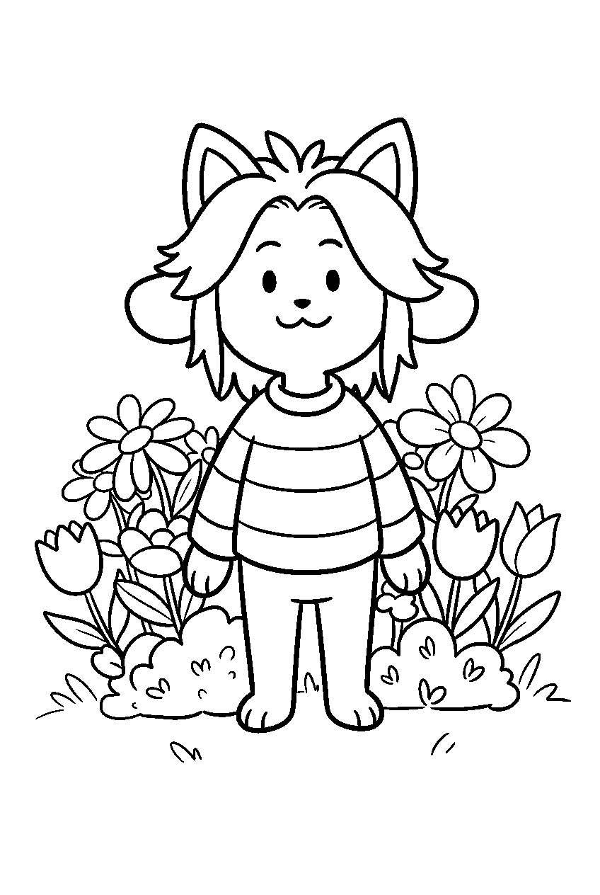 undertale temmie standing by village flowers line art