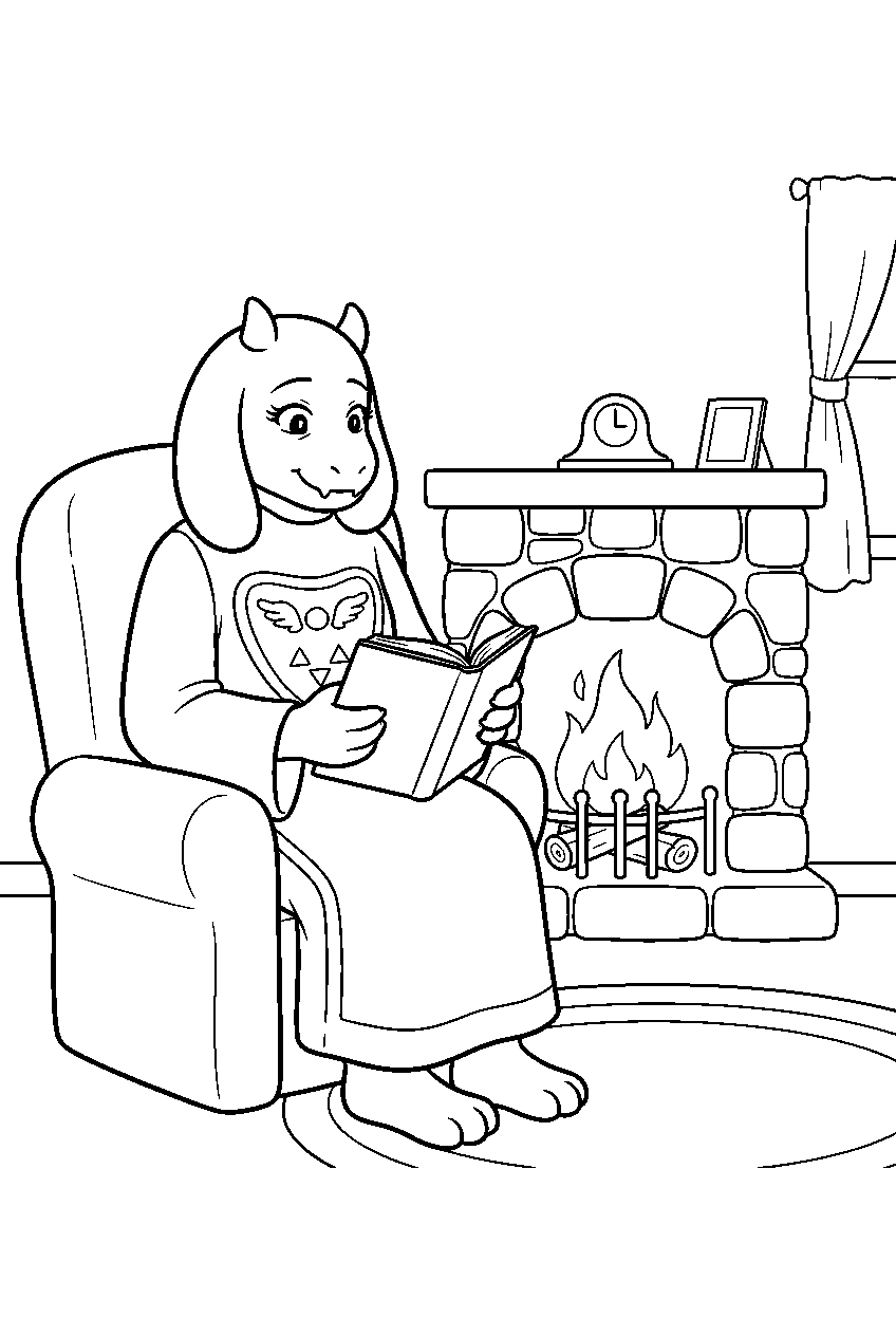 undertale toriel reading beside a fireplace line art