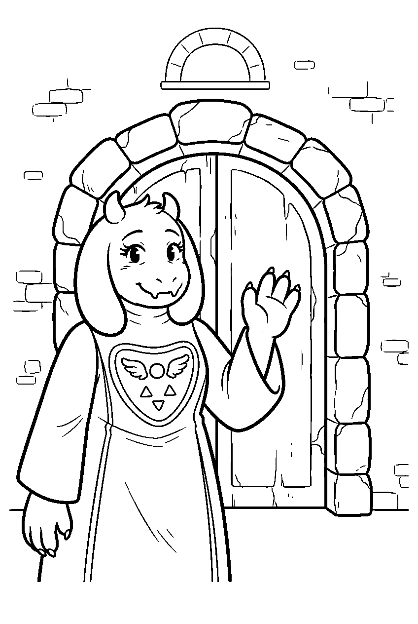 undertale toriel waving near a ruins doorway line art