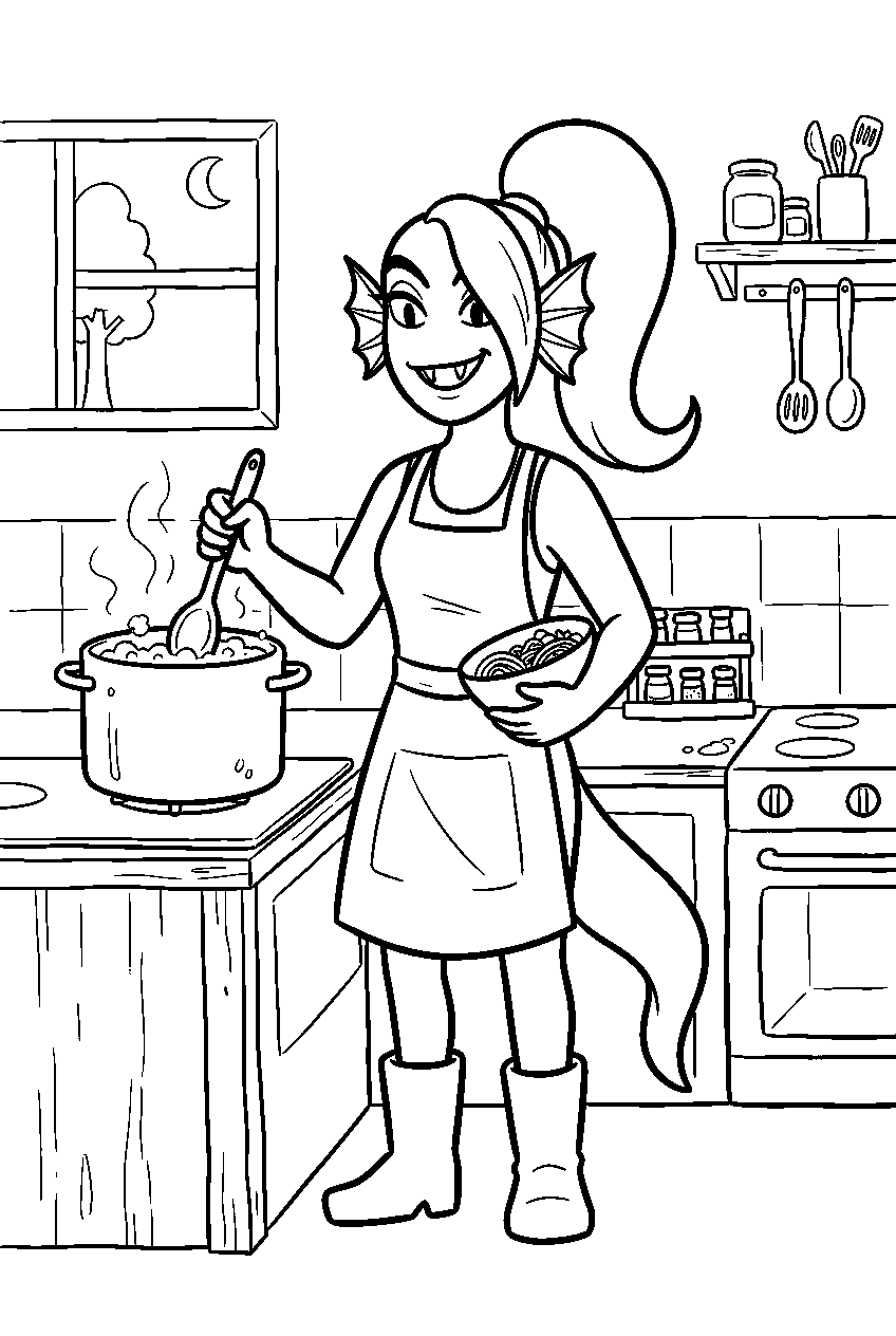 undertale undyne cooking in her kitchen line art