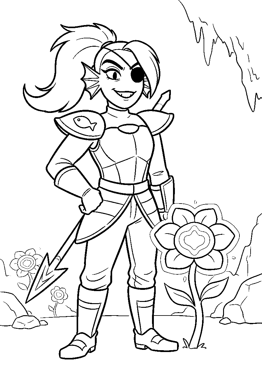 undertale undyne standing beside an echo flower line art