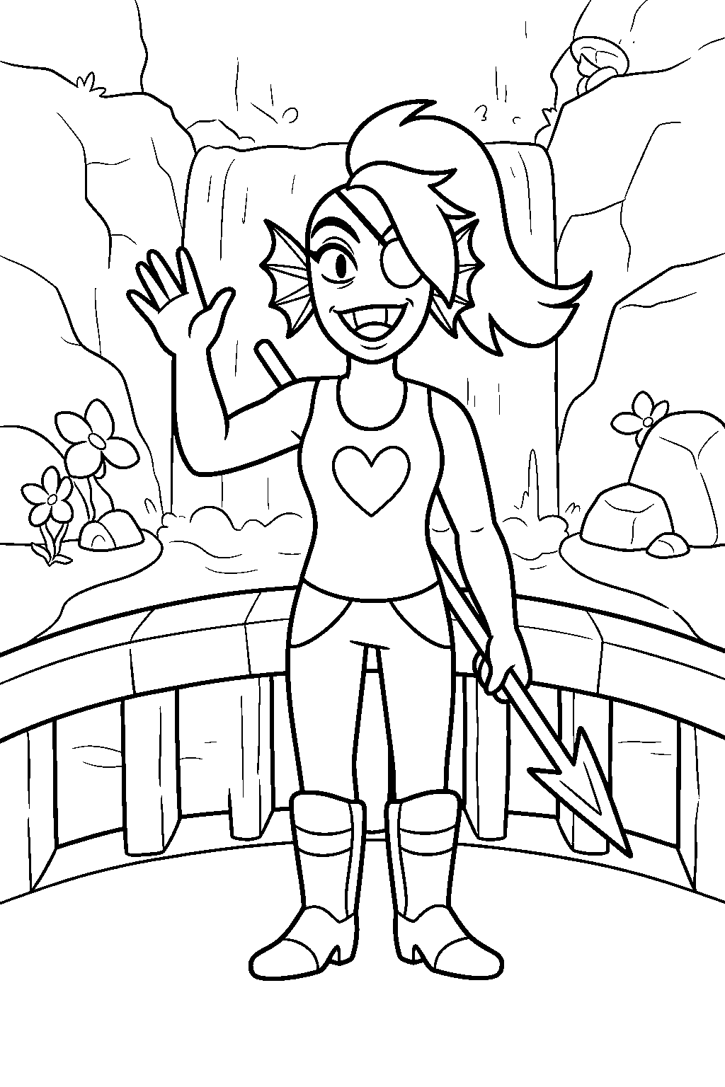 undertale undyne waving on a waterfall bridge line art