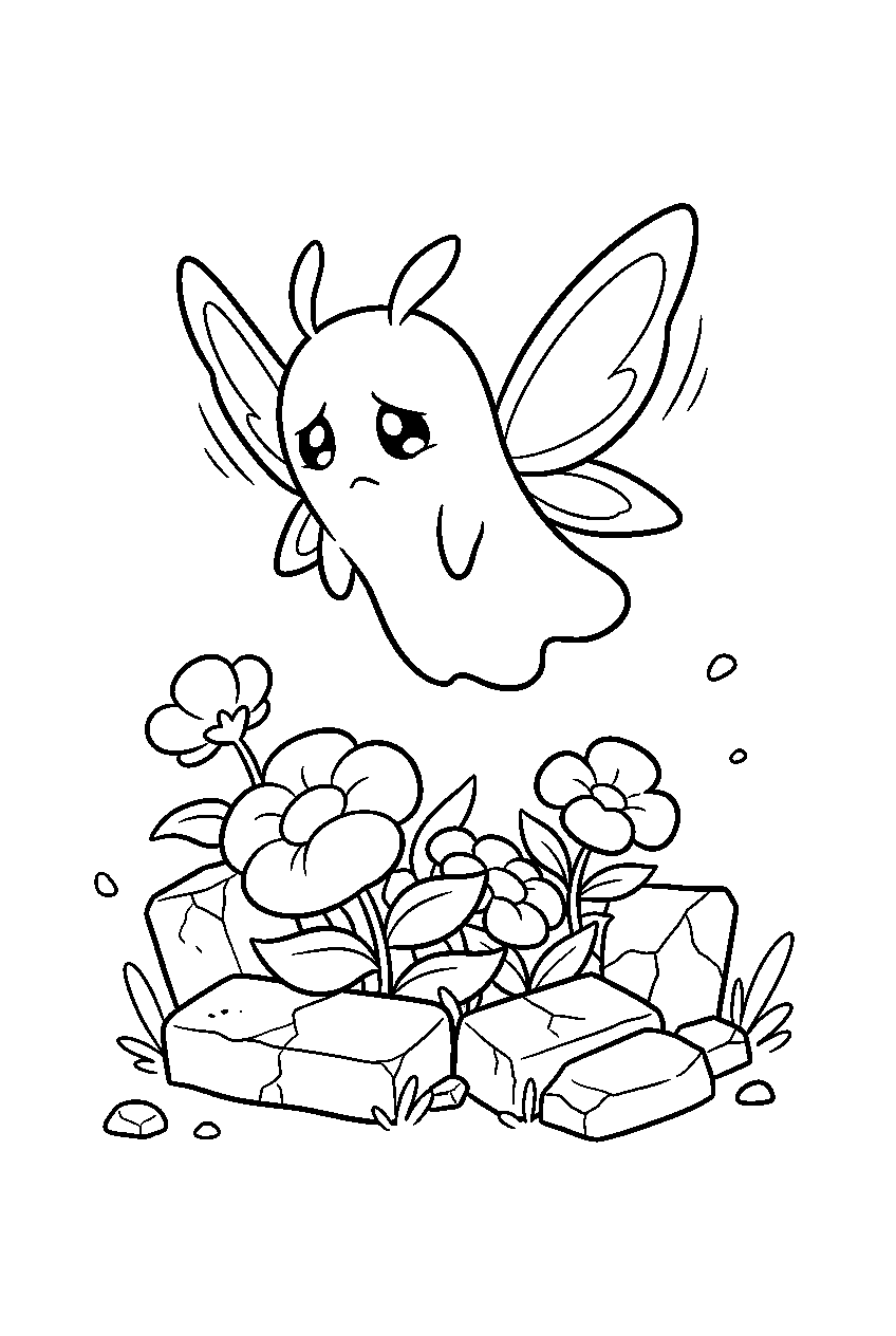 undertale whimsun flying above ruins flowers line art