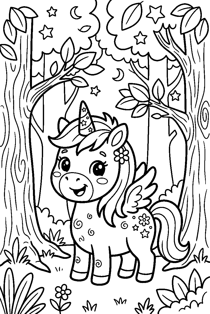 baby unicorn in giant tree forest line art