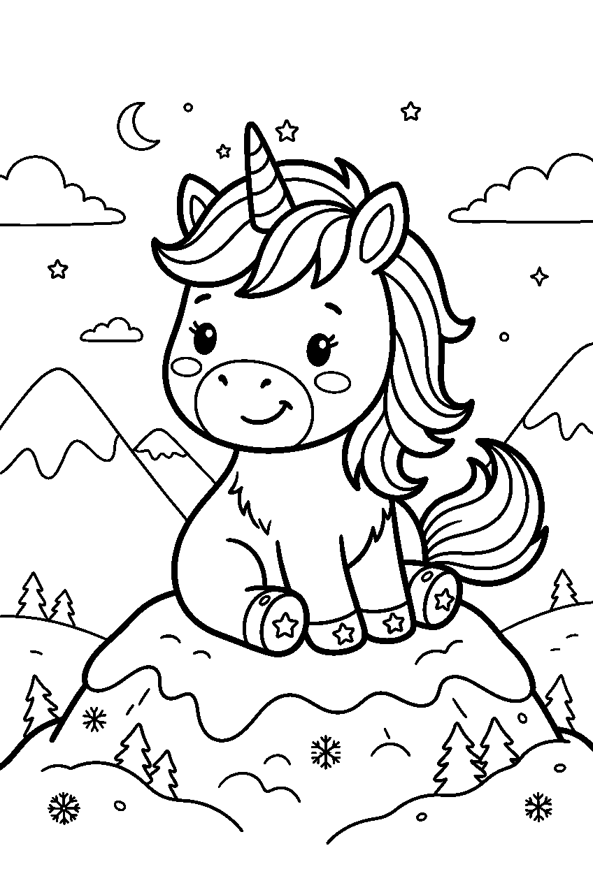 baby unicorn on snowy mountain line art