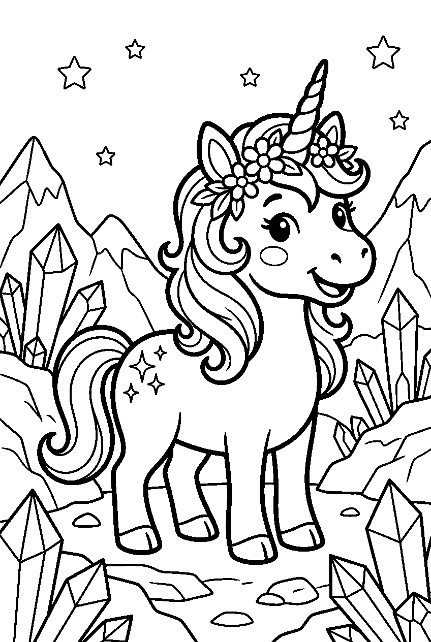 cute unicorn in crystal valley line art