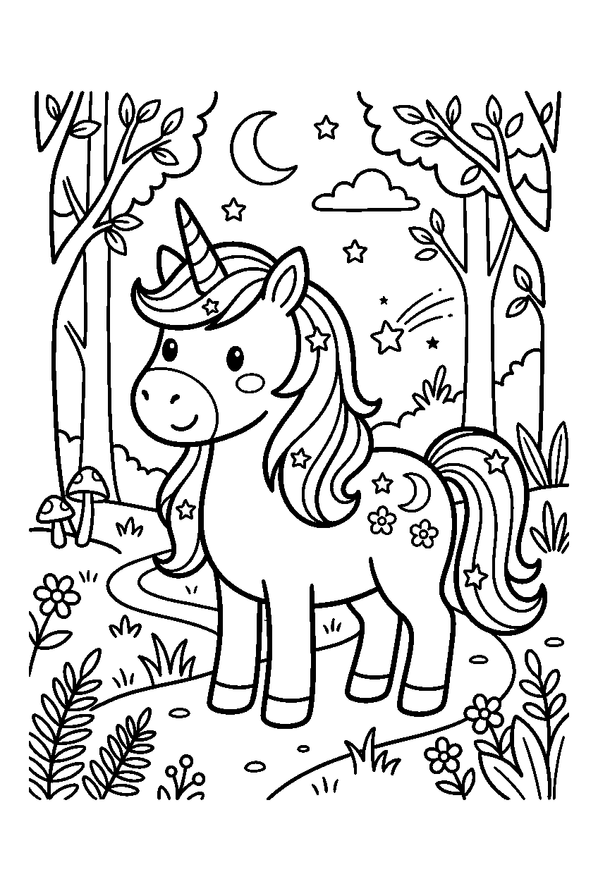 cute unicorn in enchanted forest line art