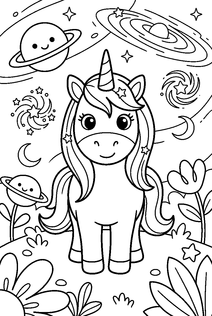 cute unicorn in galaxy garden line art
