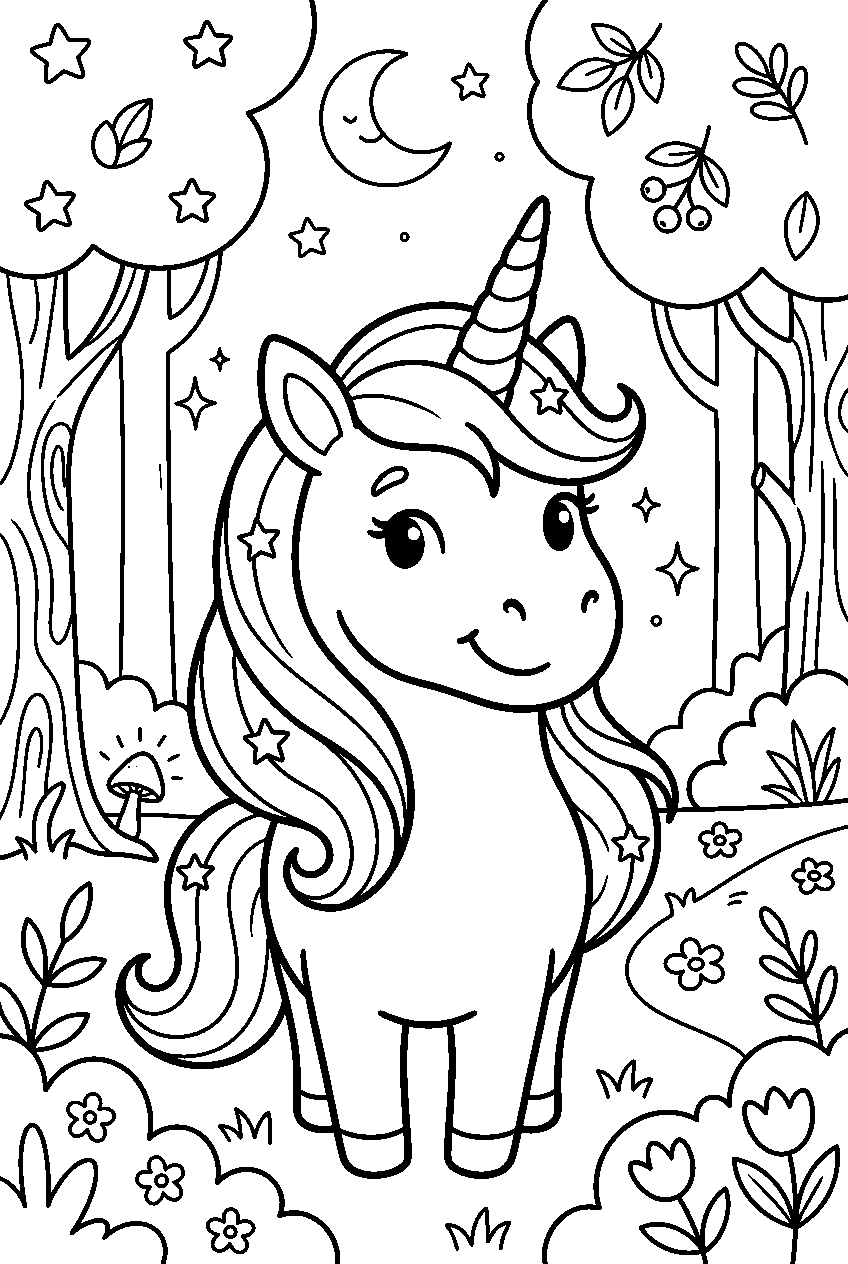 cute unicorn in magical forest line art