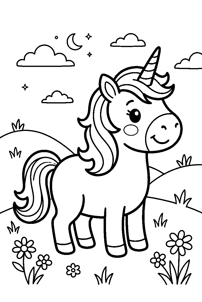 cute unicorn in unicorn meadow line art