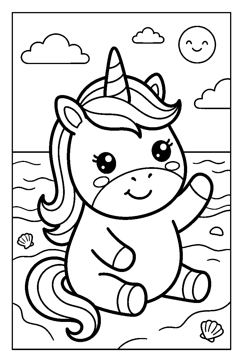 kawaii unicorn on sandy beach line art