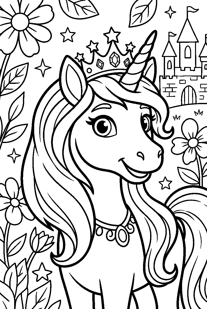 princess unicorn in enchanted garden line art