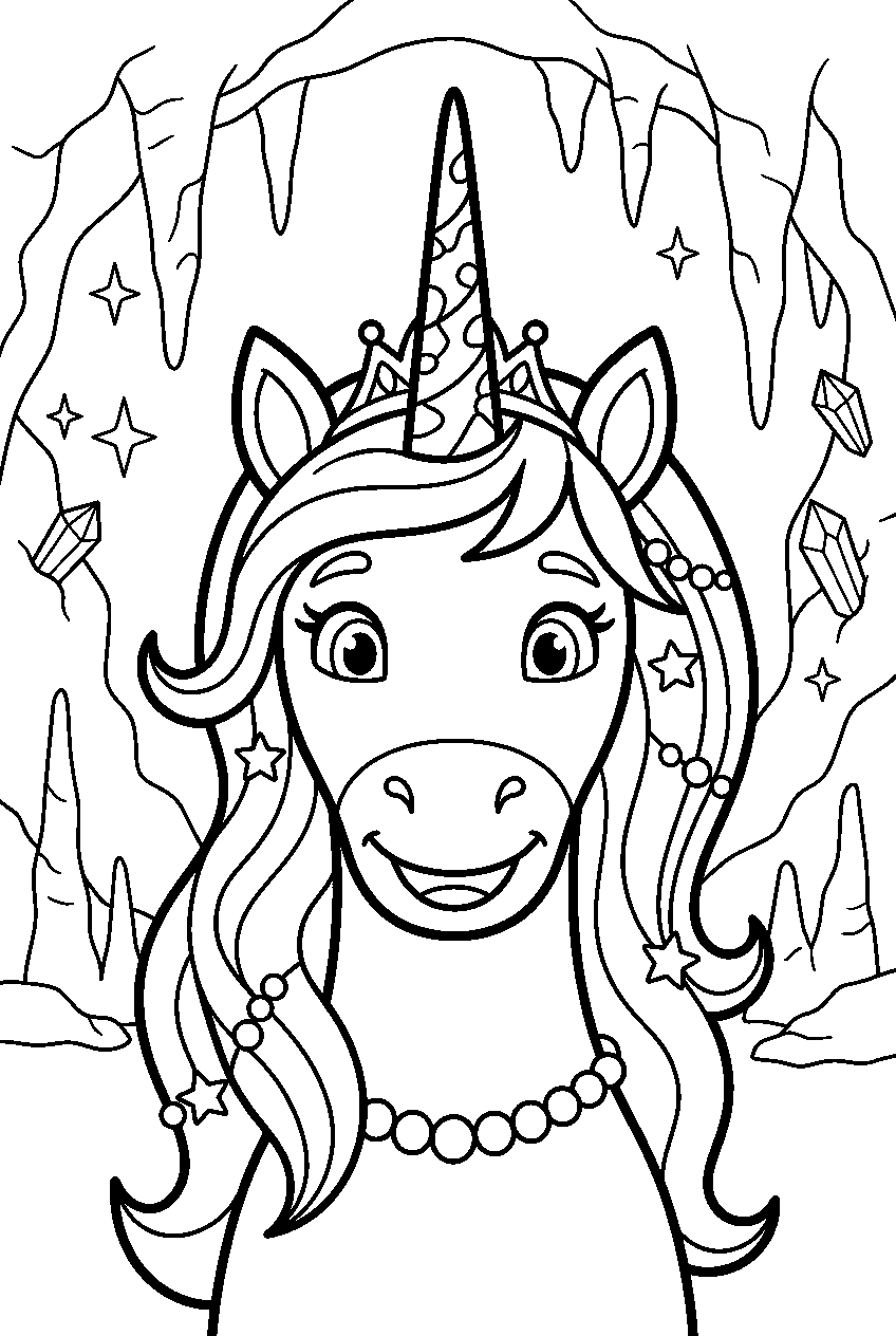 princess unicorn in glittering cave line art