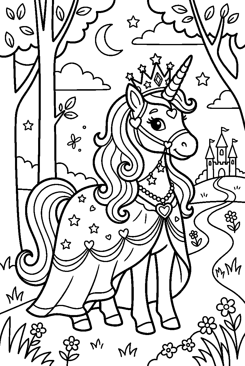 princess unicorn in magical forest line art