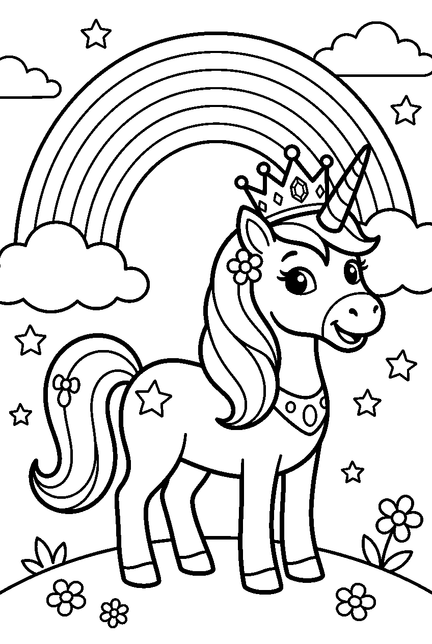 princess unicorn under the rainbow line art