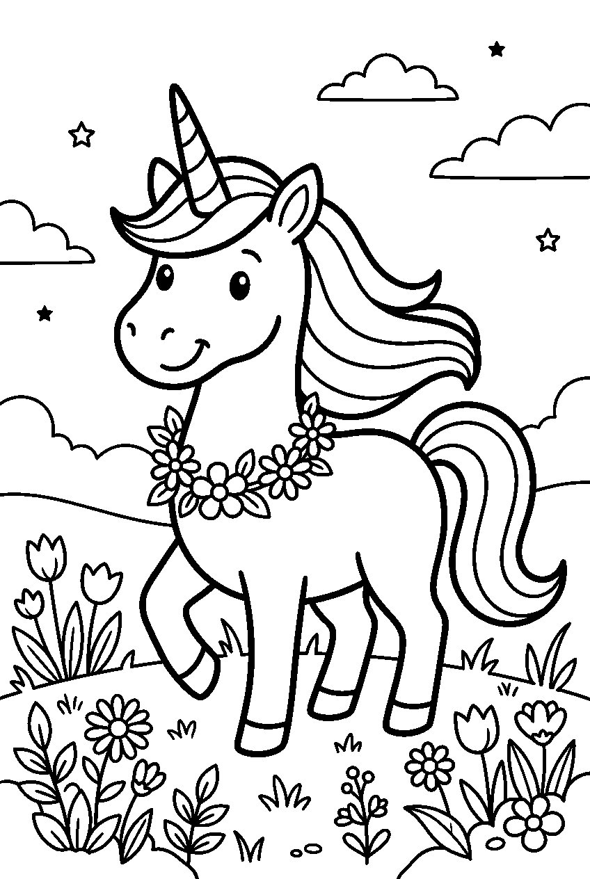 rainbow unicorn in flower meadow line art