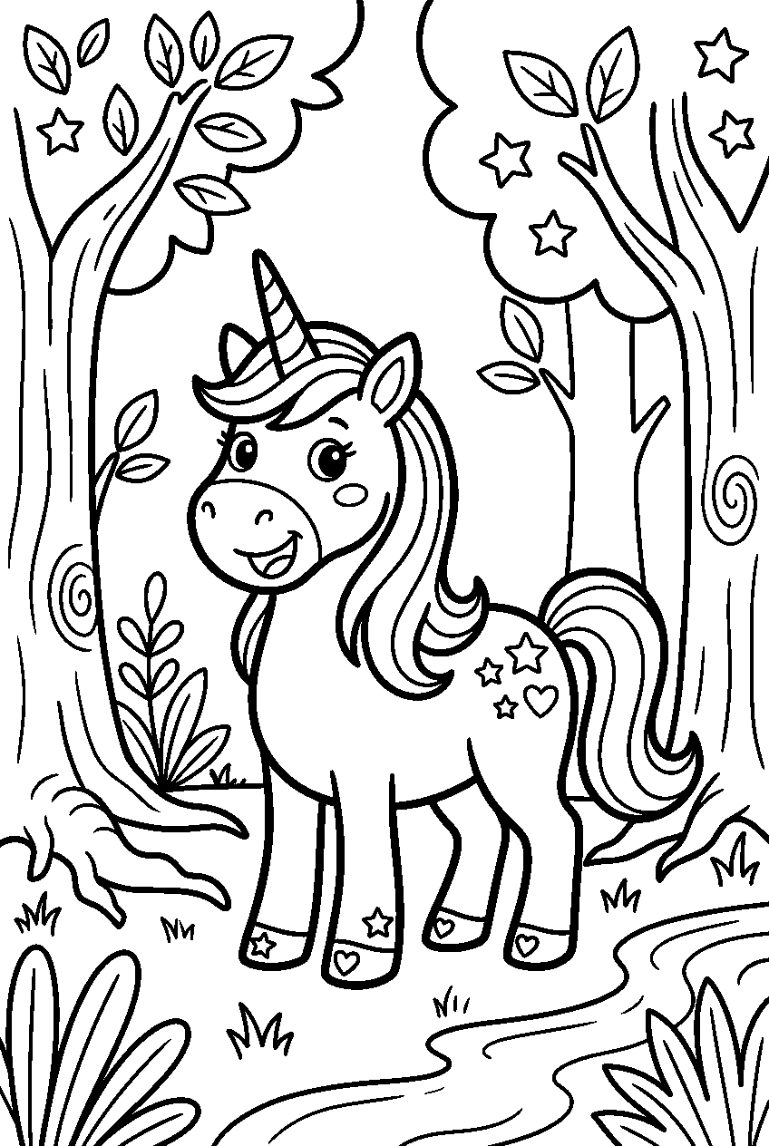 rainbow unicorn in giant tree forest line art