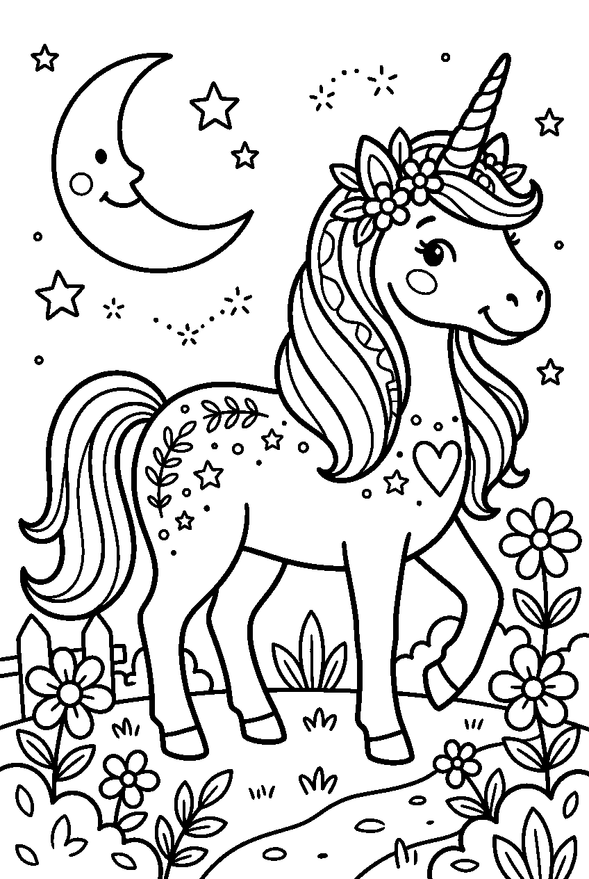 rainbow unicorn in moonlit garden line art