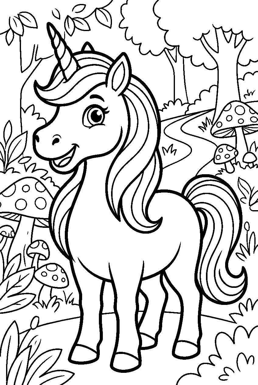 rainbow unicorn in mushroom forest line art