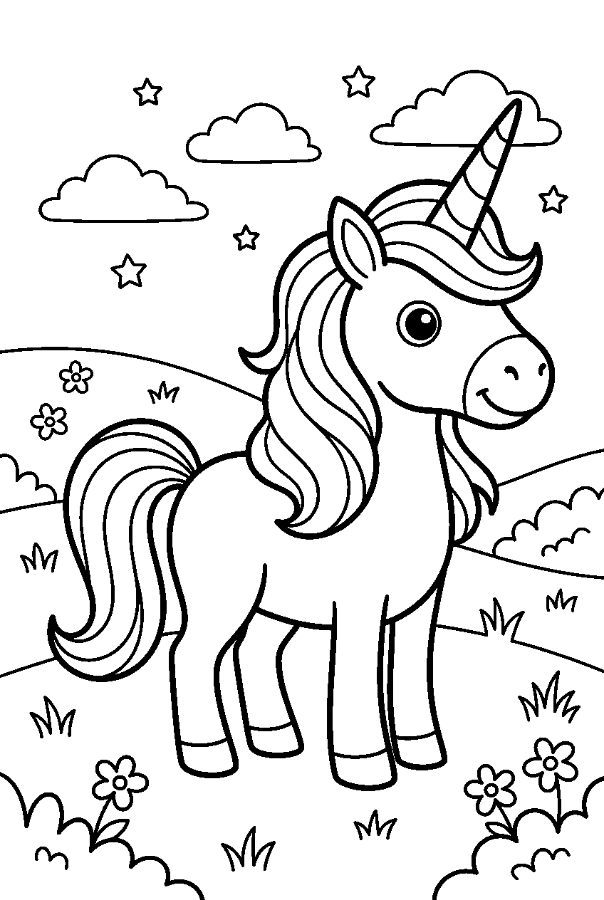 rainbow unicorn in unicorn meadow line art
