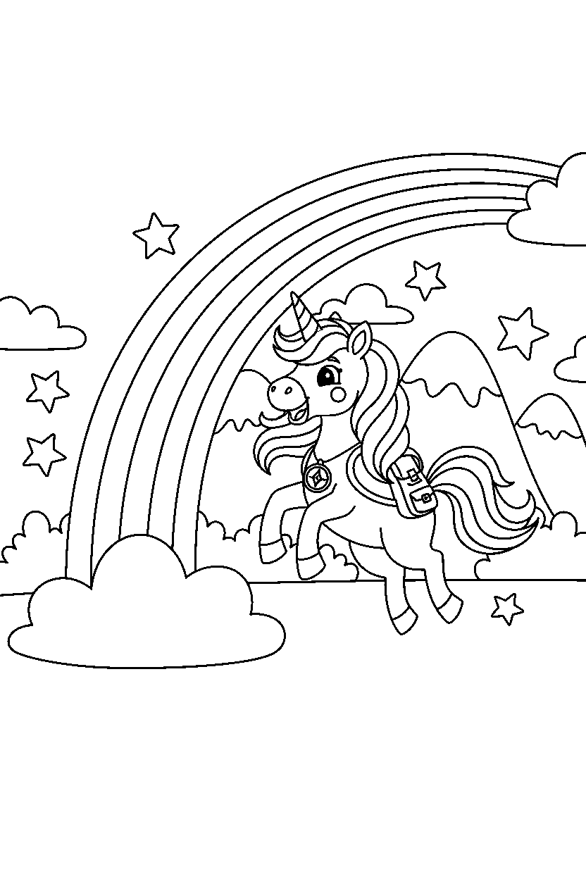 adventure unicorn exploring happily near a rainbow line art