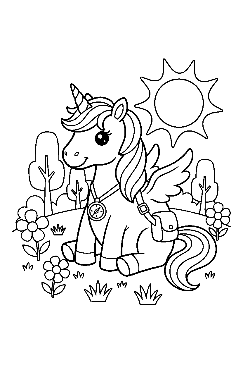 adventure unicorn sitting peacefully on a bright meadow line art