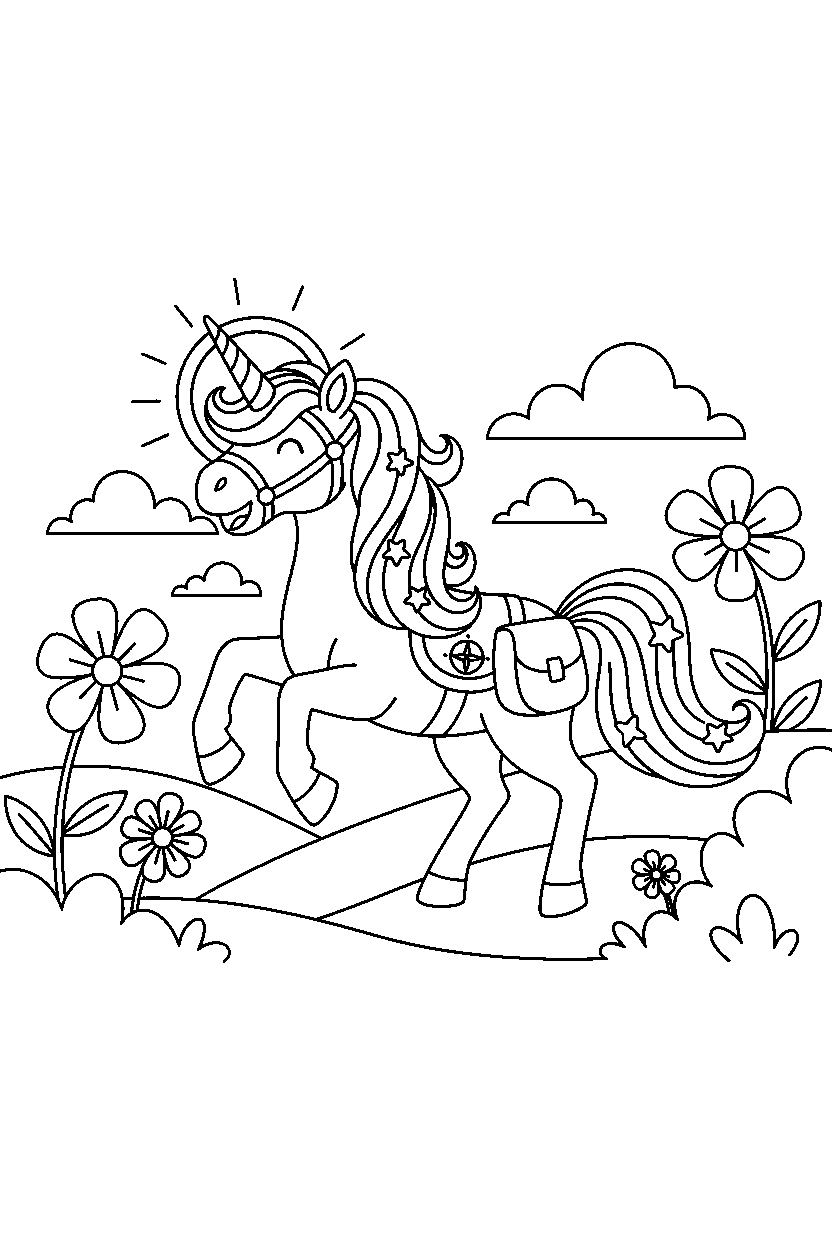 adventure unicorn trotting happily in a dreamy landscape line art