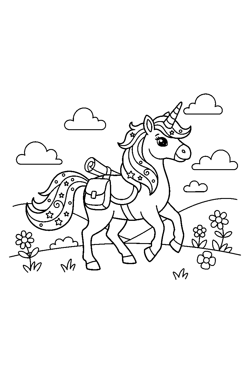 adventure unicorn trotting happily on a bright meadow line art