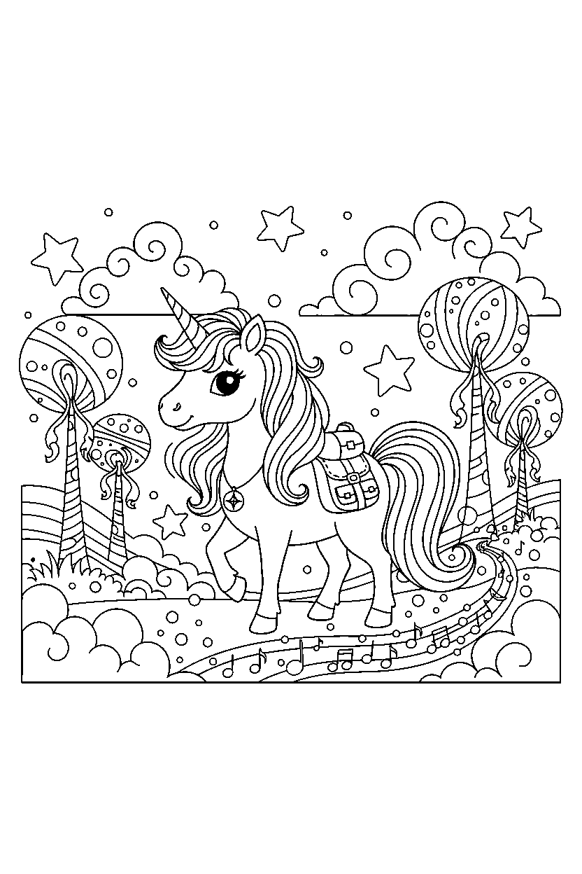 adventure unicorn walking gently in a dream world line art
