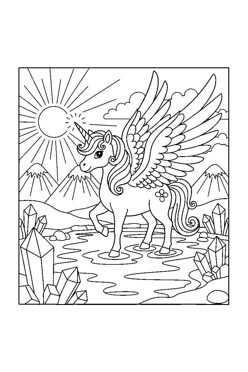 angel unicorn getting ready to fly near a crystal lake line art