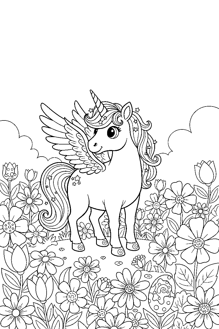 angel unicorn looking around in a flower field line art