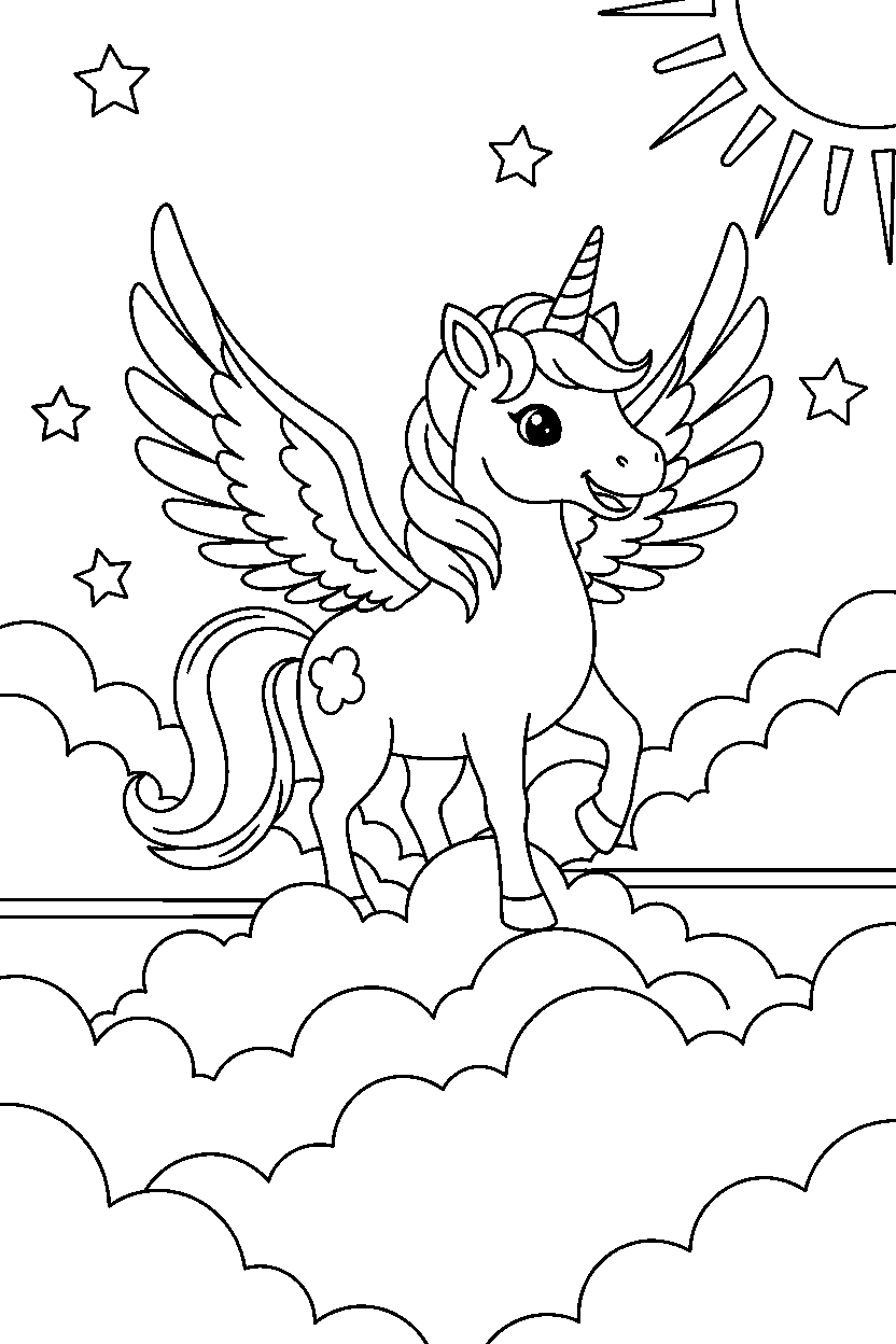 angel unicorn smiling happily on a cloud land line art