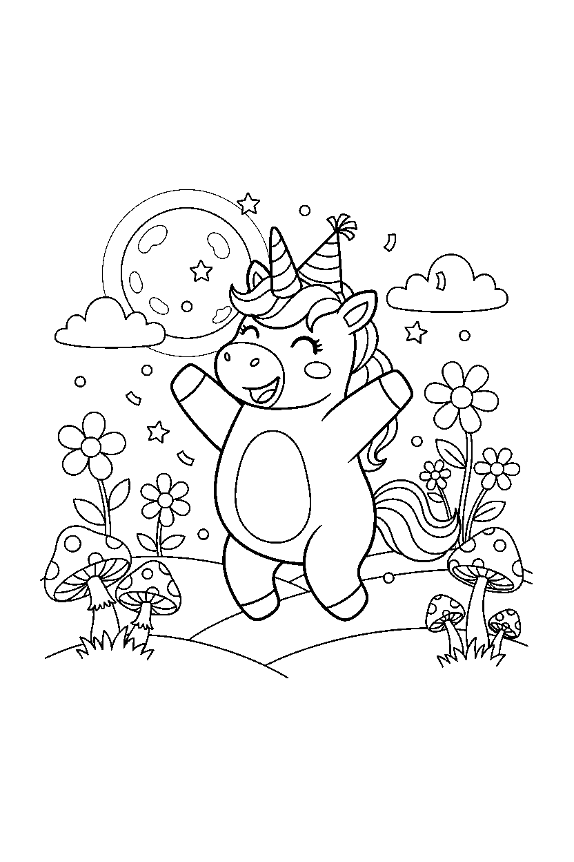 baby unicorn celebrating happily in a dreamy landscape line art
