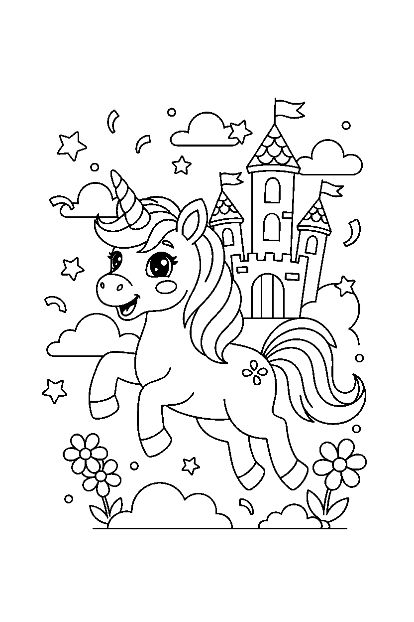baby unicorn celebrating happily near a castle line art