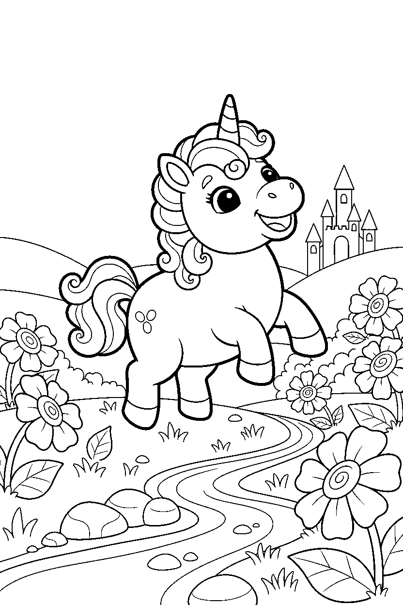 baby unicorn exploring happily in an enchanted meadow line art