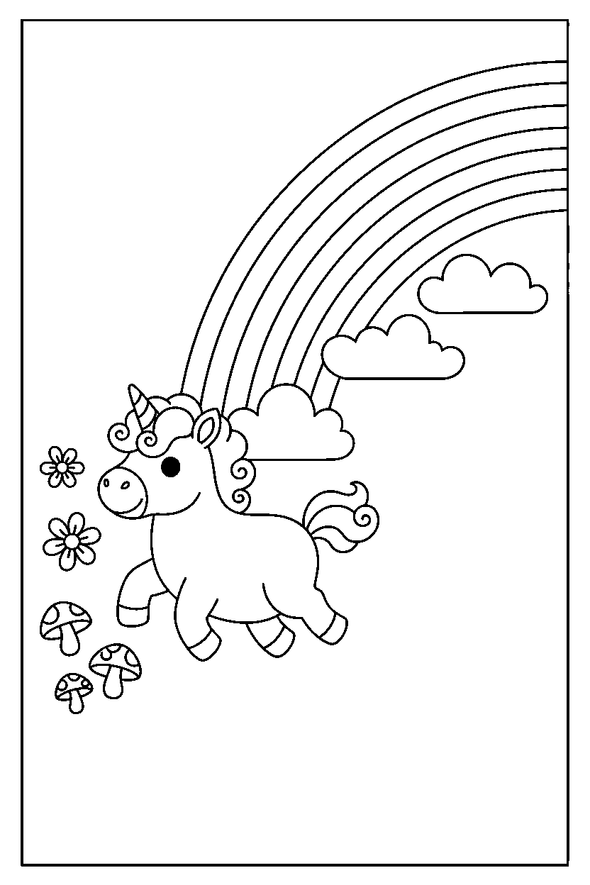 baby unicorn exploring happily near a rainbow line art