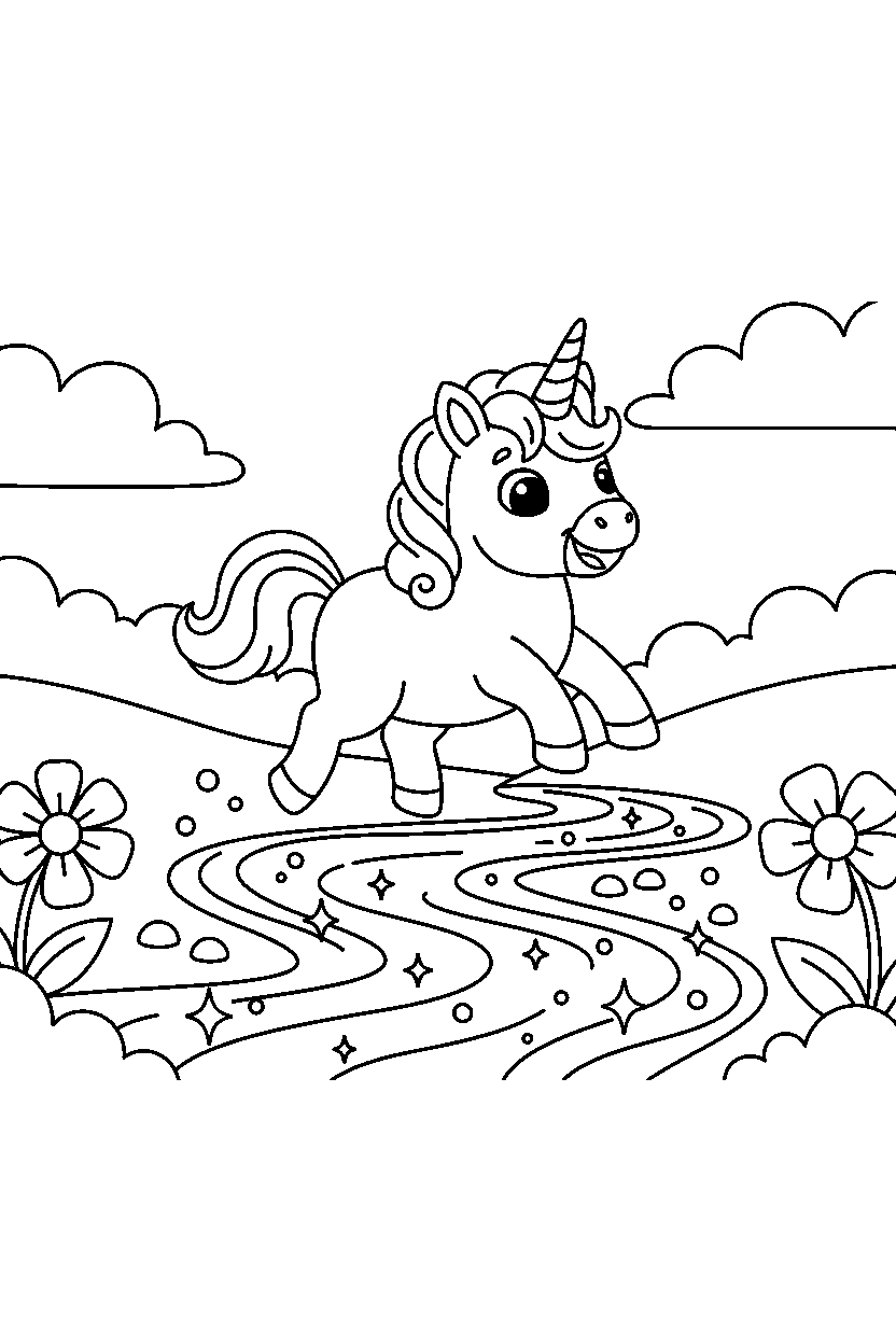 baby unicorn exploring happily near a sparkling river line art