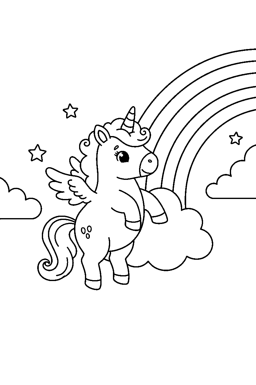baby unicorn getting ready to fly near a rainbow line art
