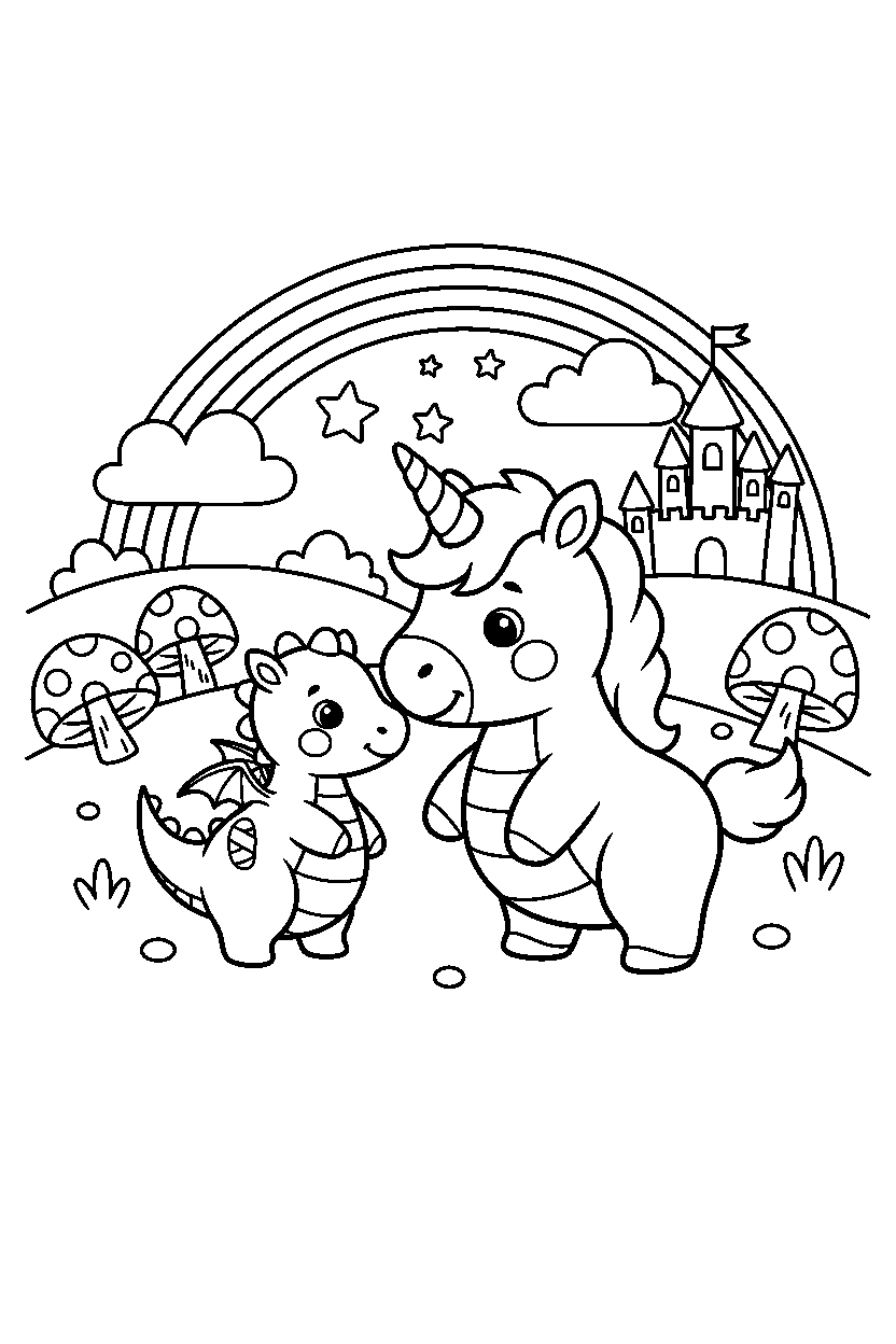 baby unicorn helping a friend in a fantasy land line art