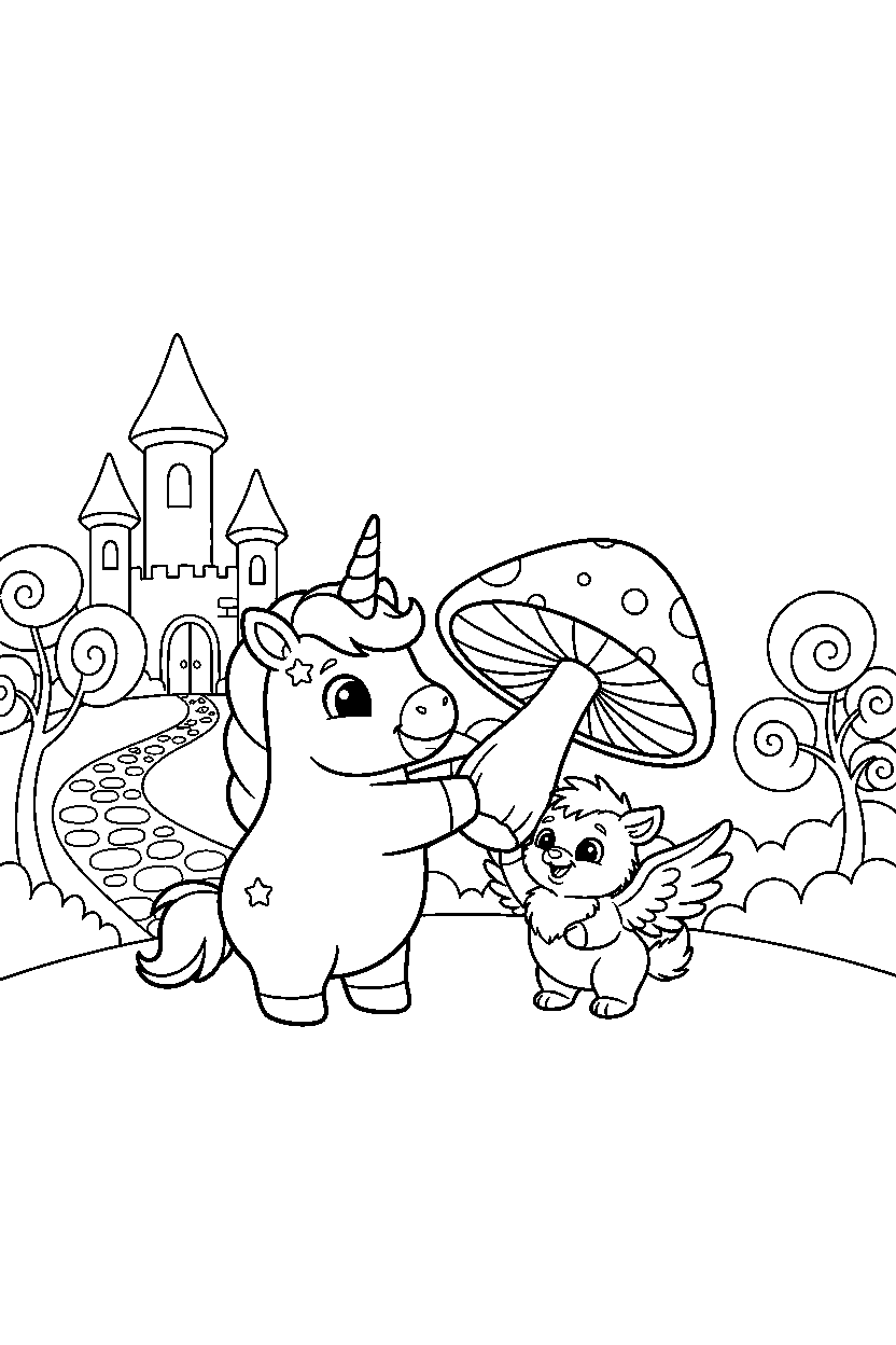 baby unicorn helping a friend in a magic kingdom line art