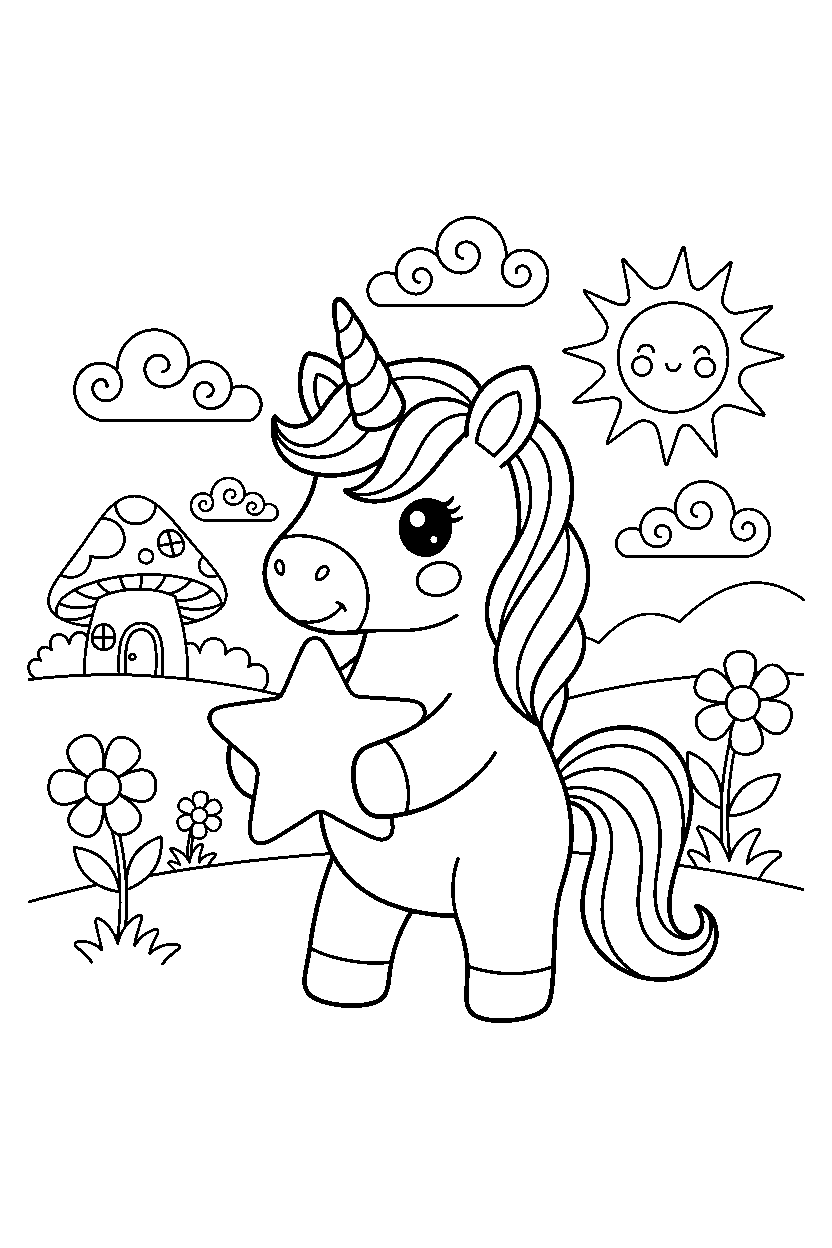baby unicorn holding a star in a fantasy land line art