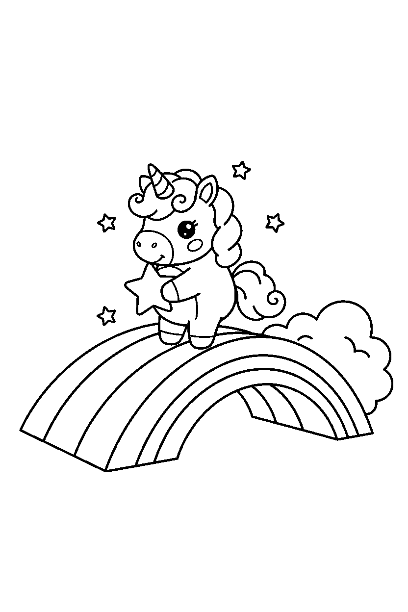baby unicorn holding a star near a rainbow bridge line art