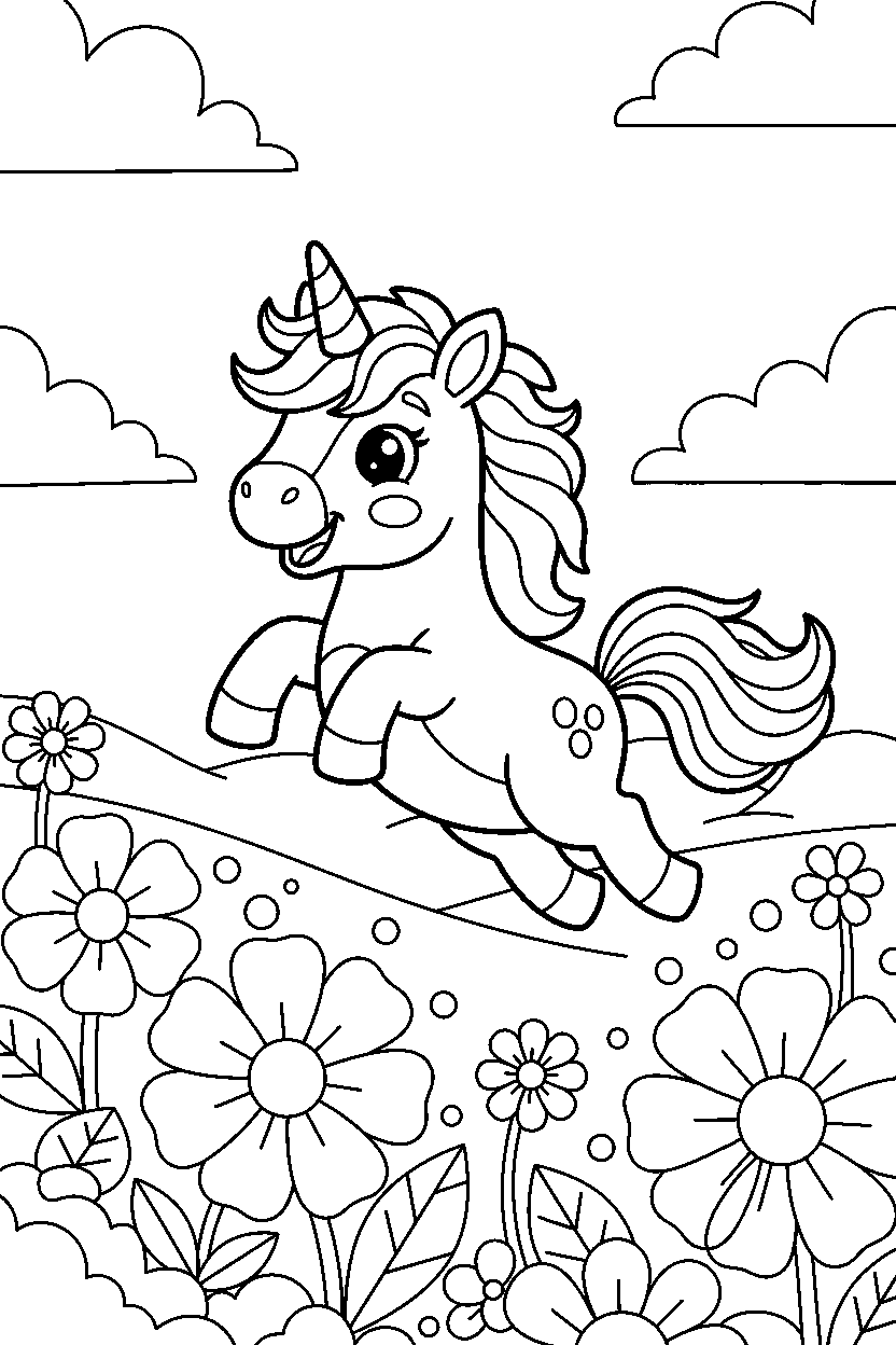 baby unicorn jumping happily in a flower field line art