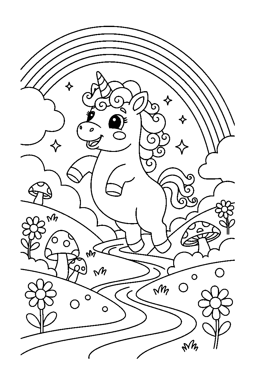 baby unicorn jumping with joy in a magic valley line art