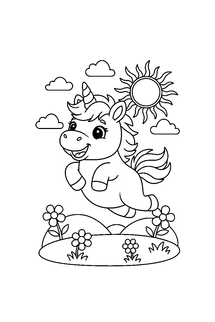 baby unicorn jumping with joy on a bright meadow line art