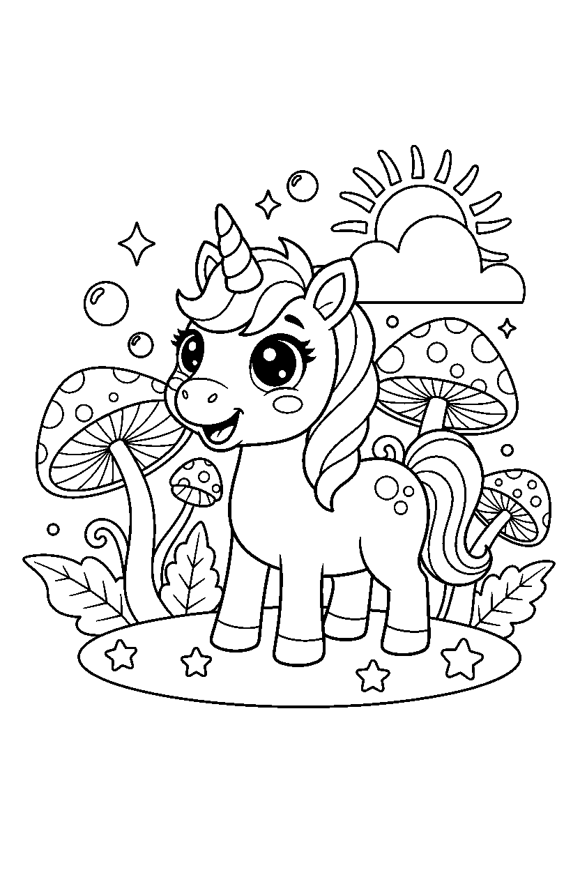 baby unicorn looking excited in a magical garden line art