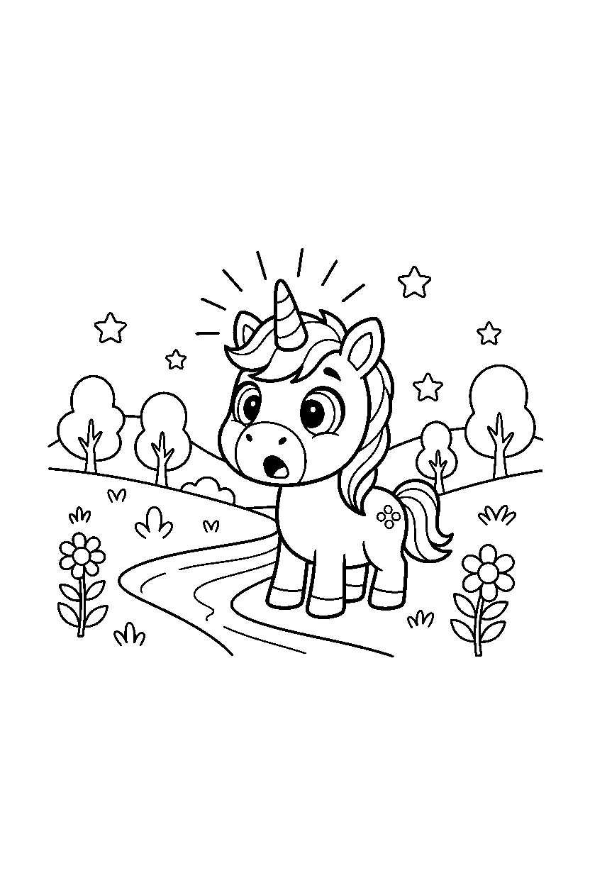 baby unicorn looking surprised in a glowing valley line art