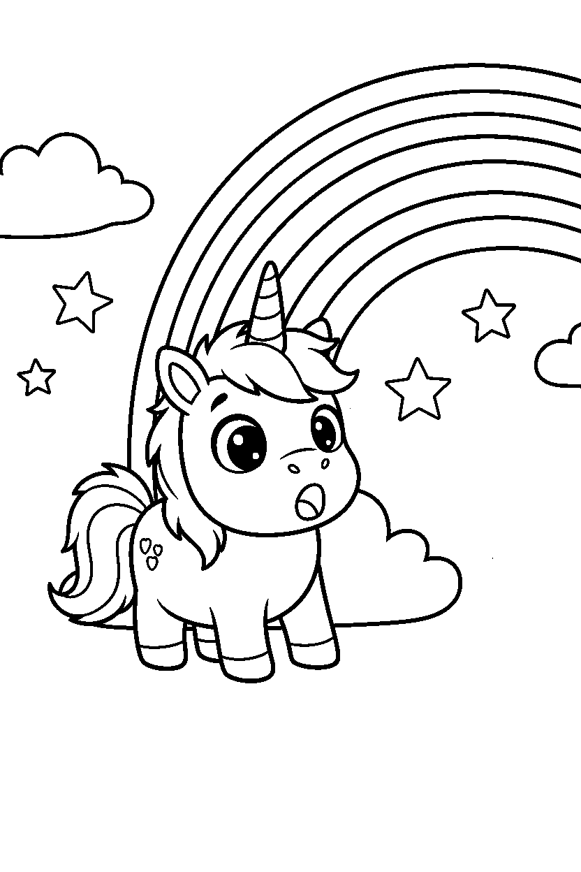 baby unicorn looking surprised near a rainbow line art