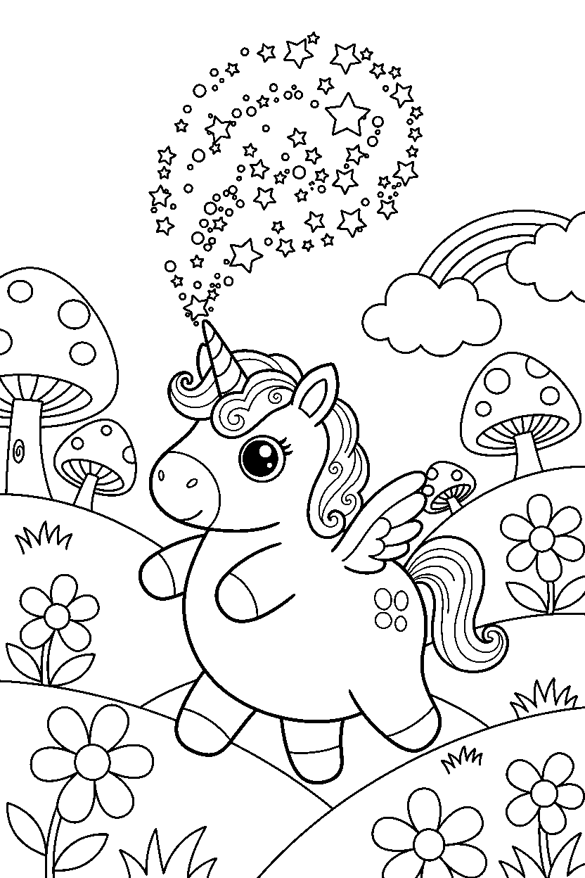 baby unicorn making a magic sparkle in a colorful world line art